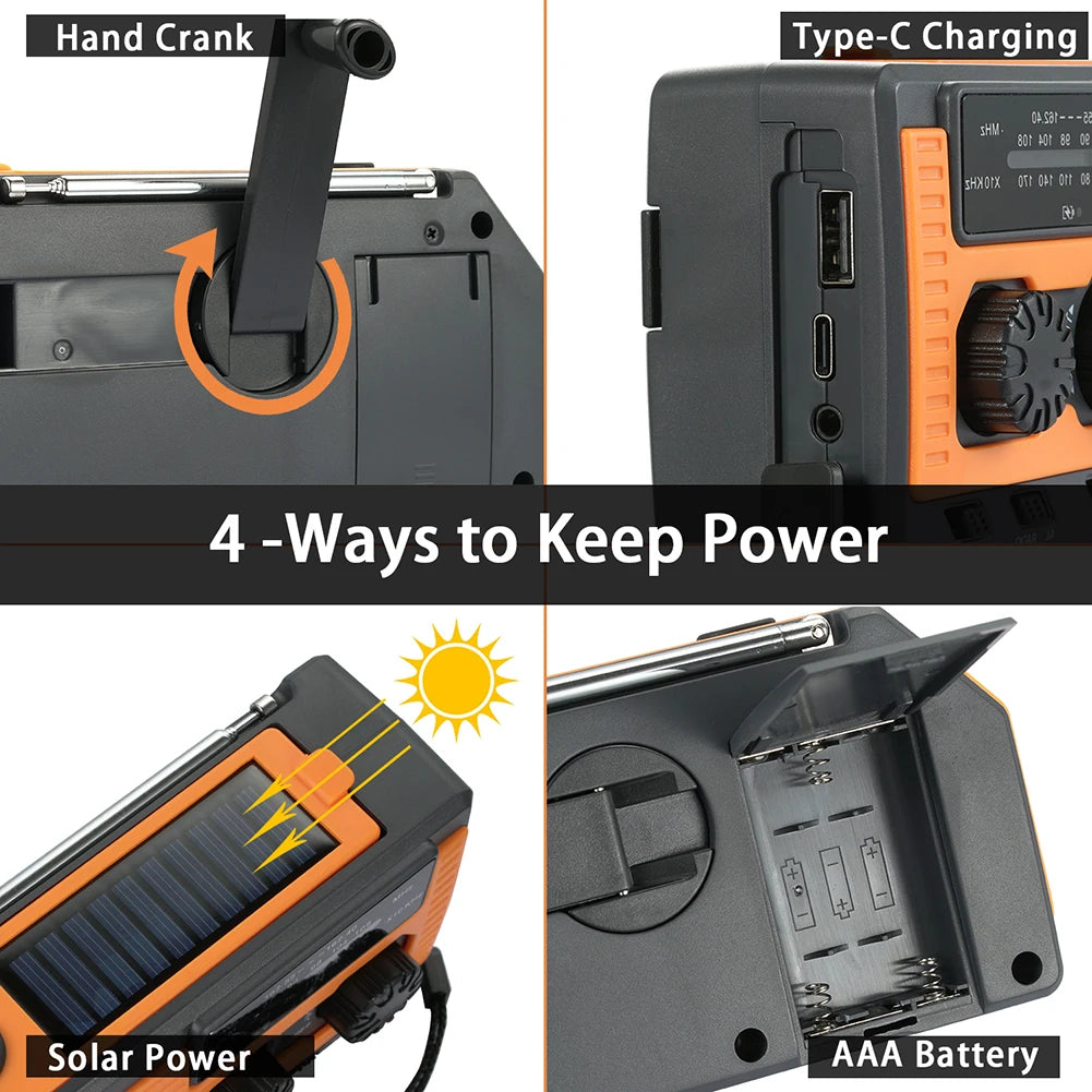 Solar Power Hand Crank Radio AM/FM/WB NOAA Weather Multifunctional Radio LED Flashlight Power Bank for Outdoor Camping Hiking