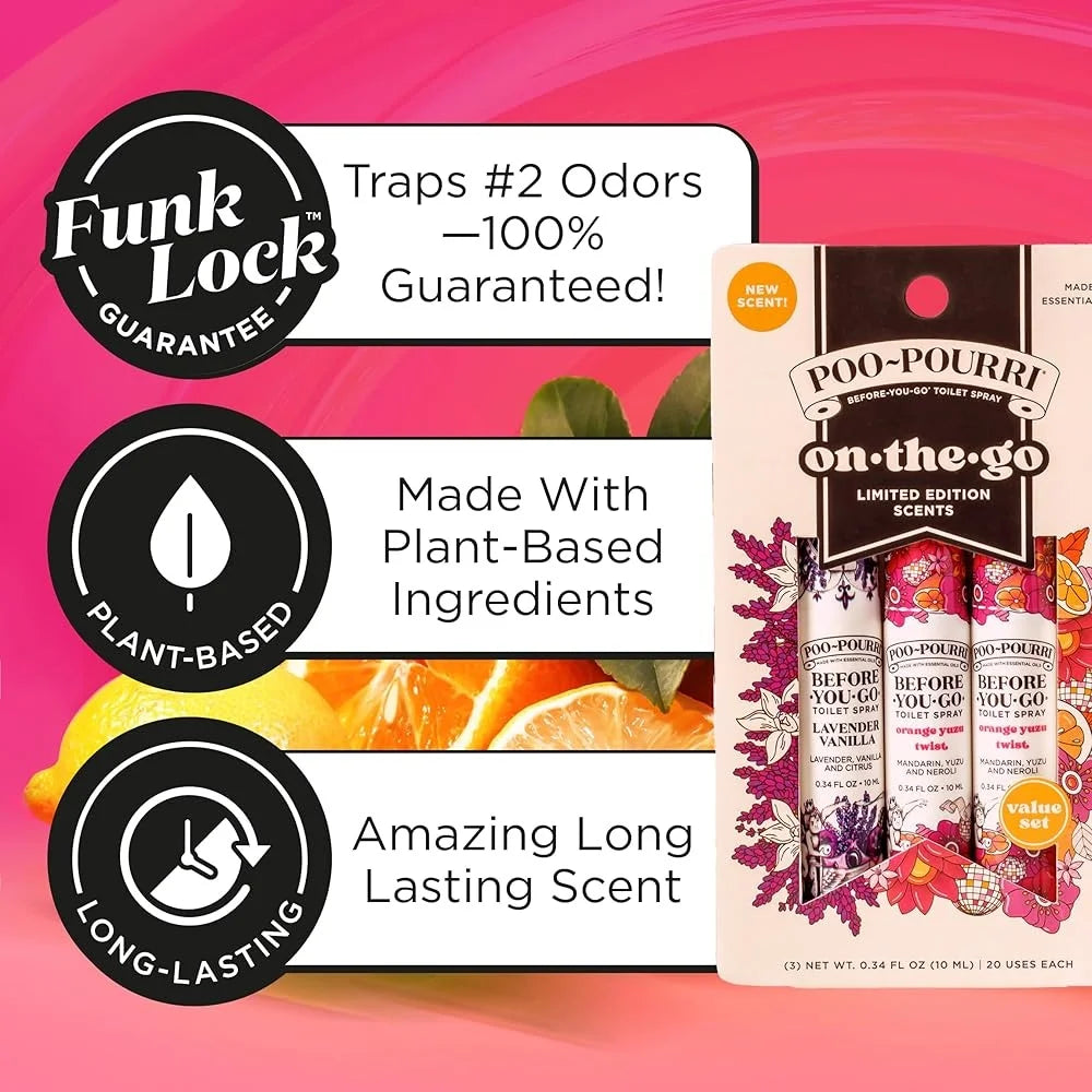 Travel Size Toilet Spray Set 30ml Bathroom Odor Eliminators Plant Based Essential Oils TSA Approved Freshness On-The-Go 3 Pack