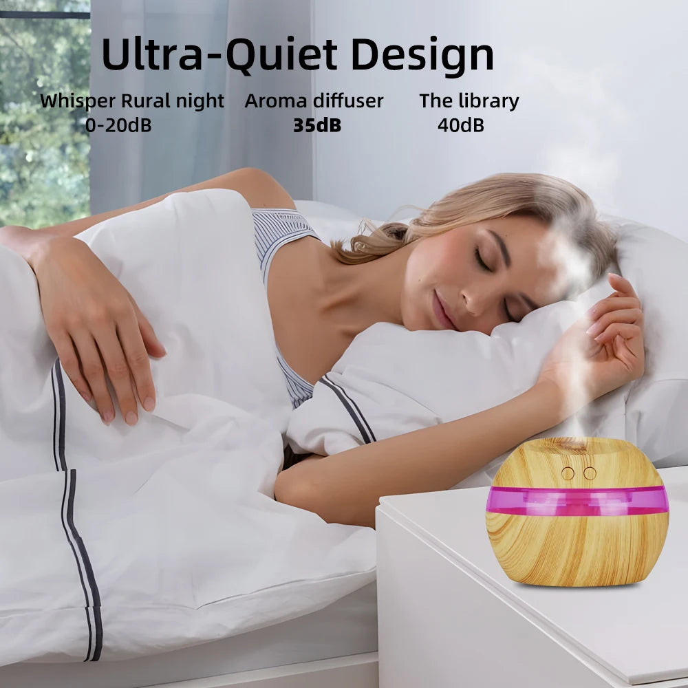 300ml USB Wood Grain Humidifier with 2 Essential Oils, 7 Color LED Lights, Ultra Quiet, Auto Shut-Off