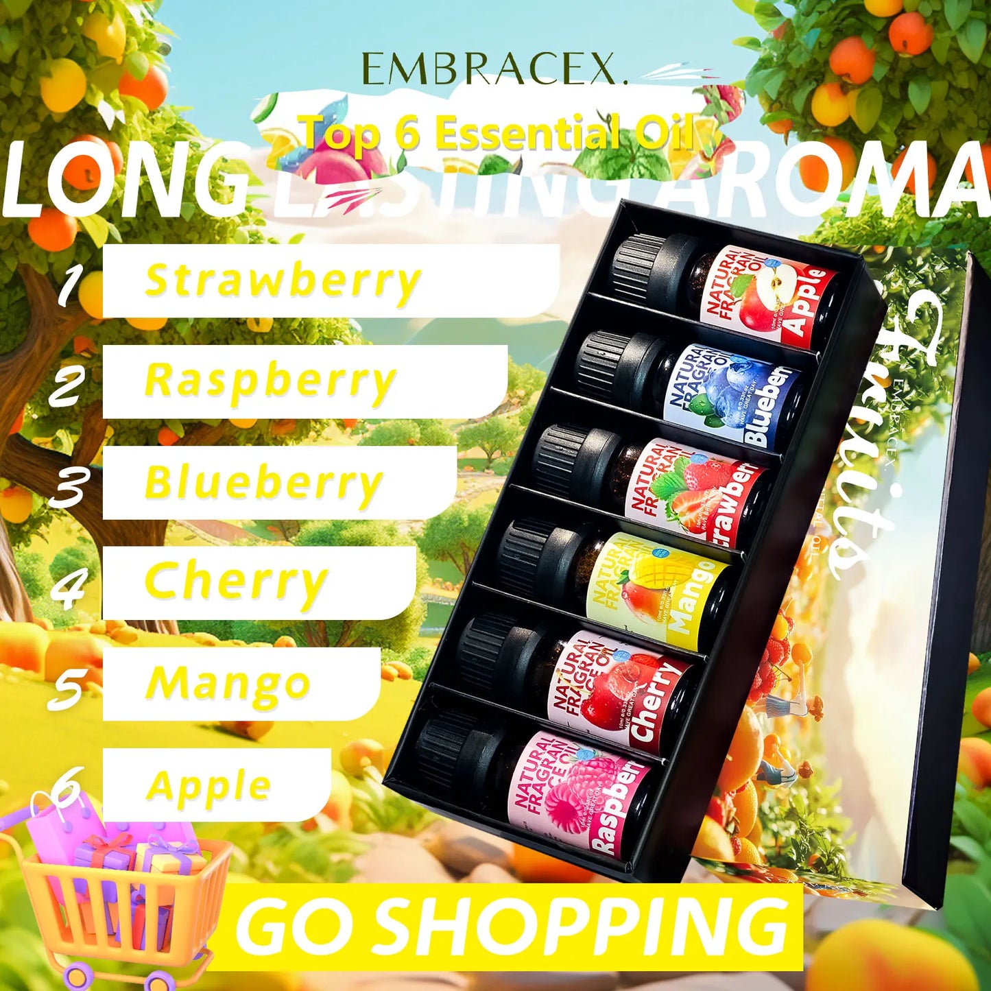 6PCS 10ML Fruits Essential Oils Skincare original imported perfumes-Mango Apple Cherry Strawberry Blueberry Raspberry
