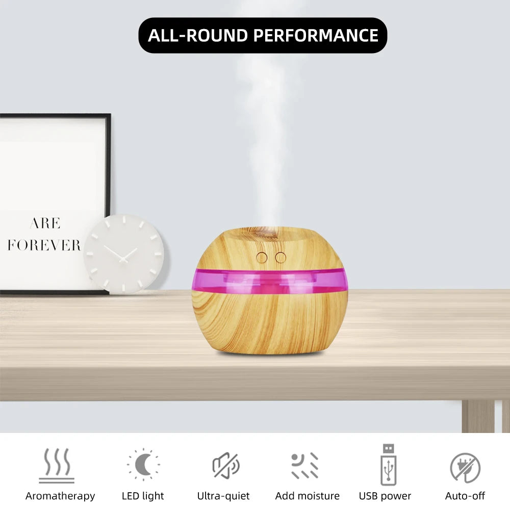 300ml USB Wood Grain Humidifier with 2 Essential Oils, 7 Color LED Lights, Ultra Quiet, Auto Shut-Off