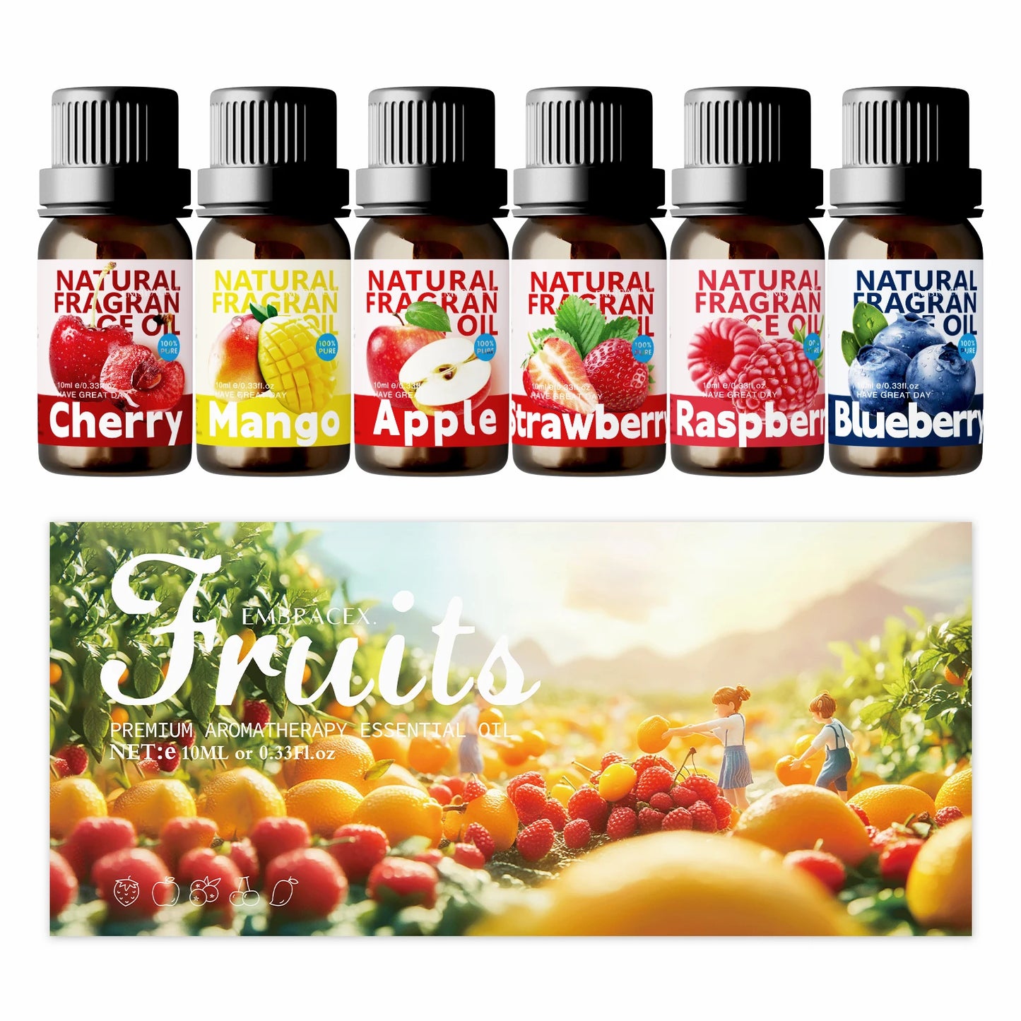 6PCS 10ML Fruits Essential Oils Skincare original imported perfumes-Mango Apple Cherry Strawberry Blueberry Raspberry