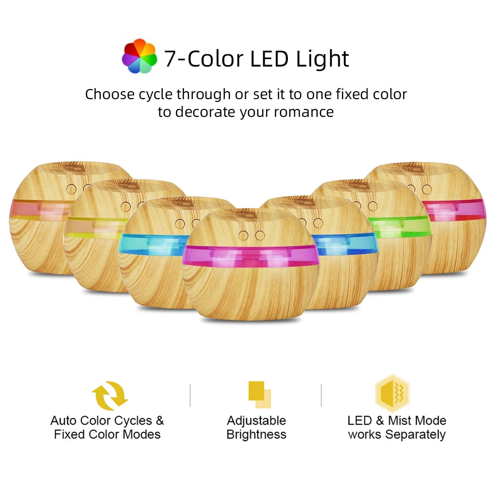 300ml USB Wood Grain Humidifier with 2 Essential Oils, 7 Color LED Lights, Ultra Quiet, Auto Shut-Off