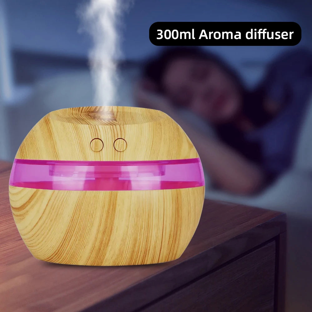 300ml USB Wood Grain Humidifier with 2 Essential Oils, 7 Color LED Lights, Ultra Quiet, Auto Shut-Off
