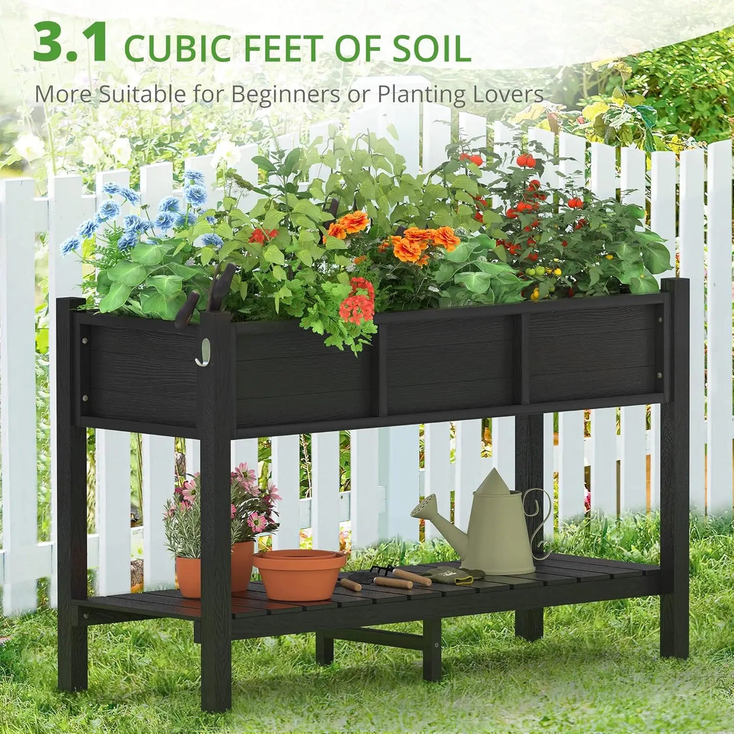 Raised Garden Bed with Tools, 47*18*29 in, Poly Elevated Planter Box with Legs And Storage Shelf, Weather Resistant