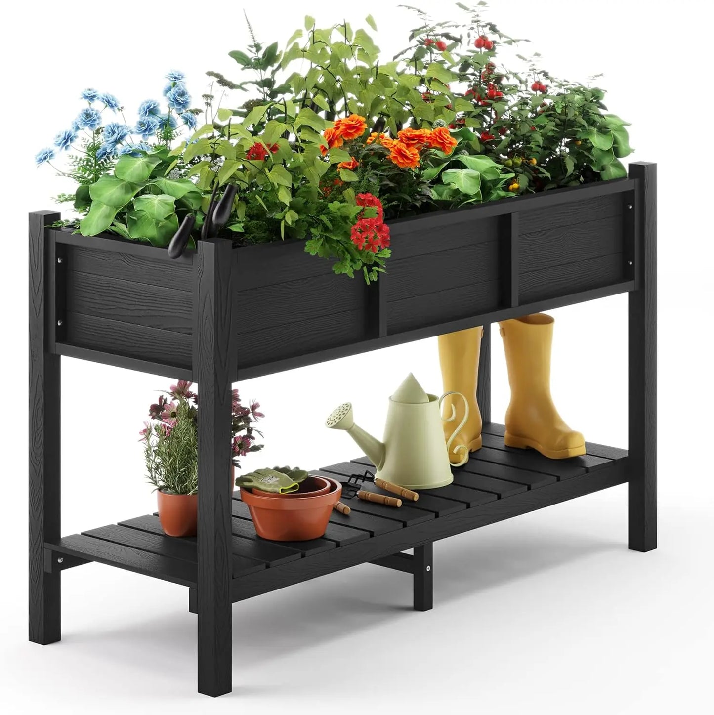 Raised Garden Bed with Tools, 47*18*29 in, Poly Elevated Planter Box with Legs And Storage Shelf, Weather Resistant