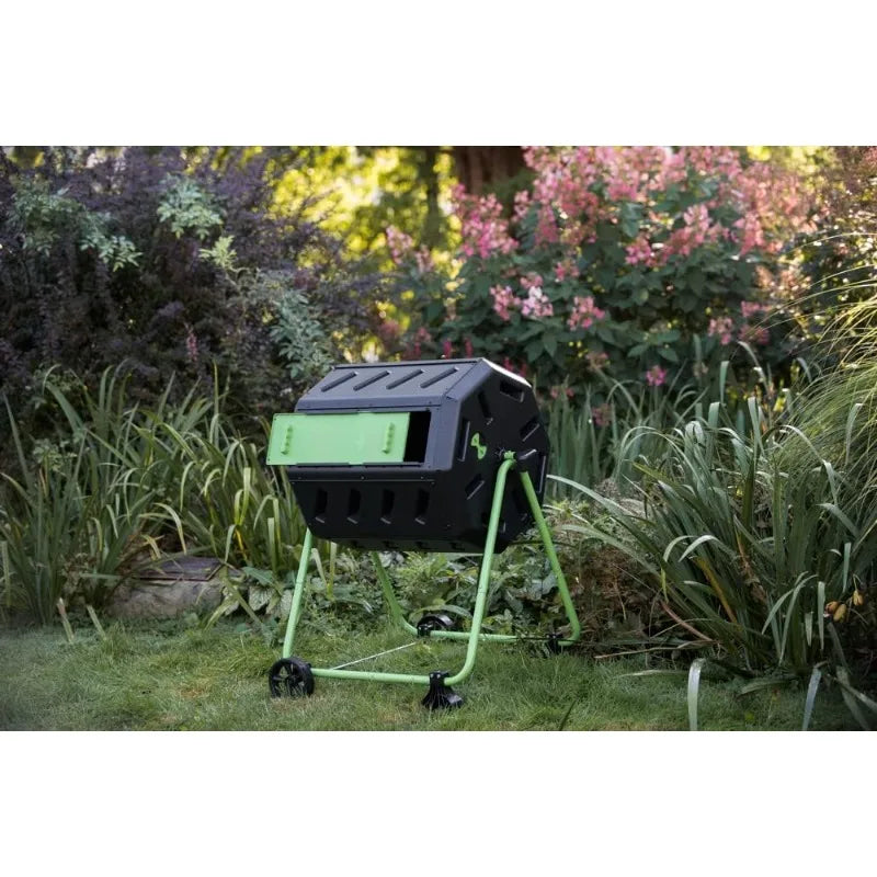 Outdoor  Mobile Dual Chamber Tumbling Composter with Wheels - Outdoor Rotating Garden Compost Bin (HF-IM4000-WK) Black & Green