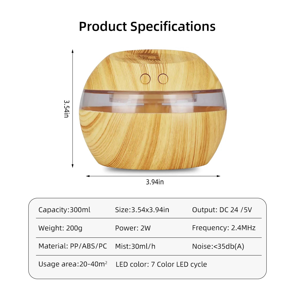 300ml USB Wood Grain Humidifier with 2 Essential Oils, 7 Color LED Lights, Ultra Quiet, Auto Shut-Off