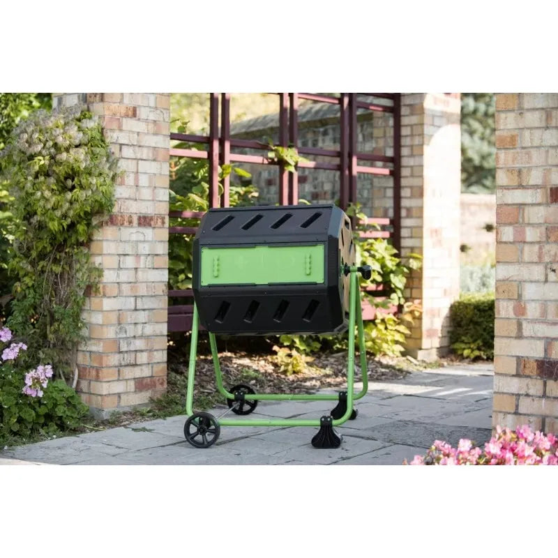 Outdoor  Mobile Dual Chamber Tumbling Composter with Wheels - Outdoor Rotating Garden Compost Bin (HF-IM4000-WK) Black & Green