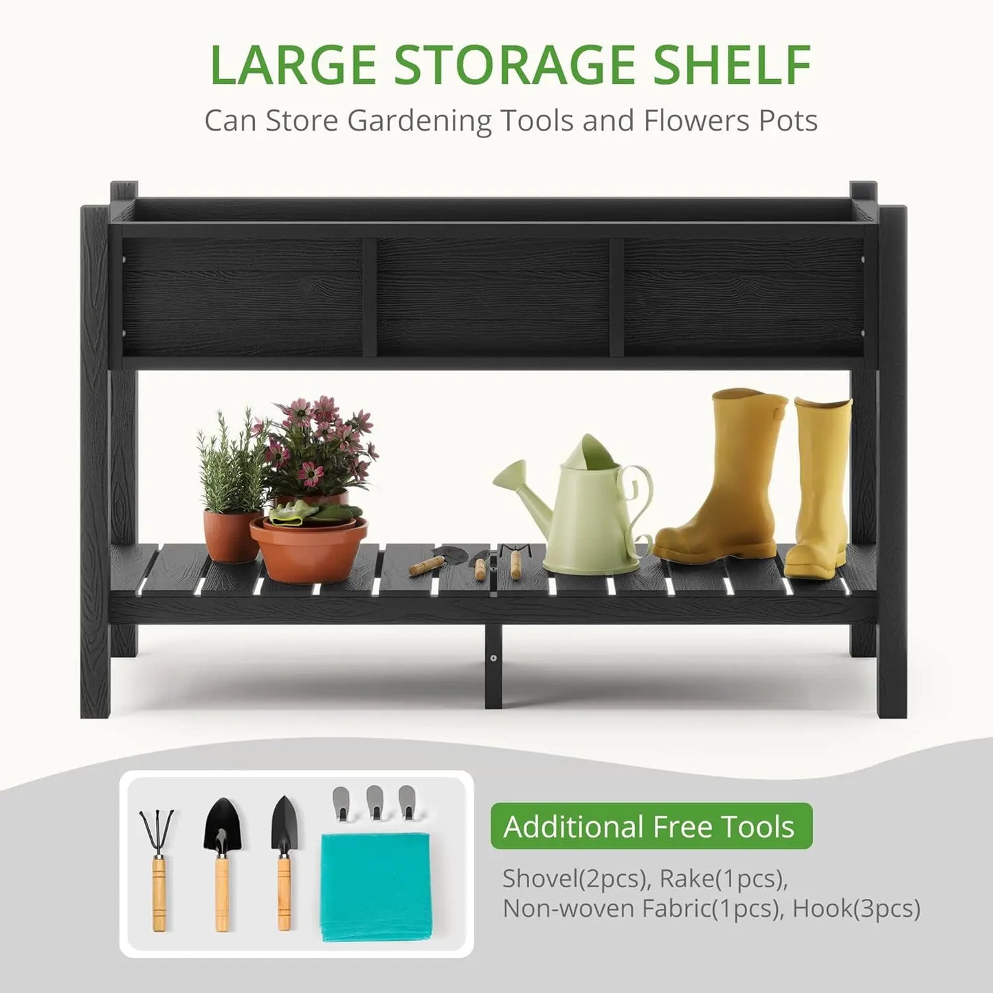 Raised Garden Bed with Tools, 47*18*29 in, Poly Elevated Planter Box with Legs And Storage Shelf, Weather Resistant