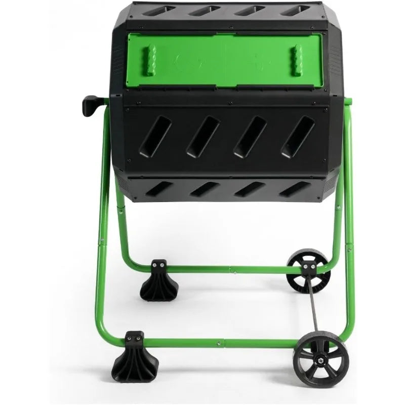 Outdoor  Mobile Dual Chamber Tumbling Composter with Wheels - Outdoor Rotating Garden Compost Bin (HF-IM4000-WK) Black & Green