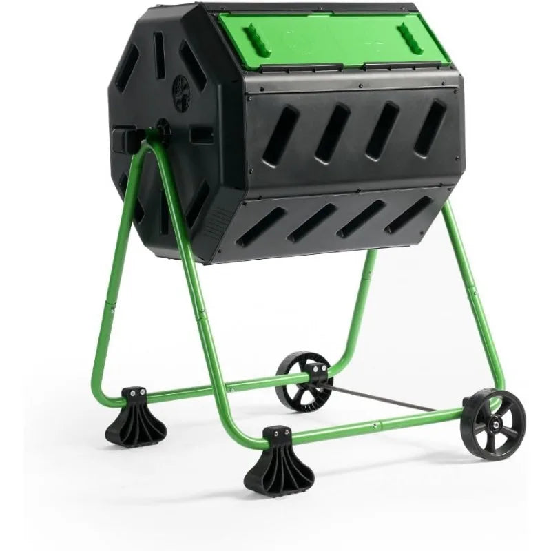 Outdoor  Mobile Dual Chamber Tumbling Composter with Wheels - Outdoor Rotating Garden Compost Bin (HF-IM4000-WK) Black & Green